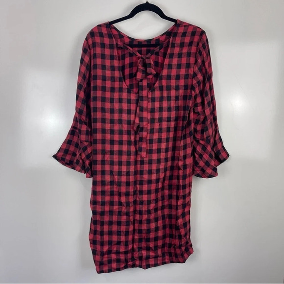 Cloth & Stone Buffalo Plaid Long Bell Sleeve Shift Dress Size Medium - Picture 2 of 10